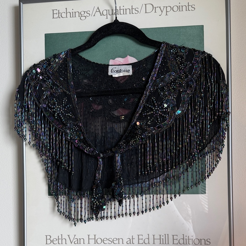 Vintage Contessa Black Beaded Shawl with Fringe